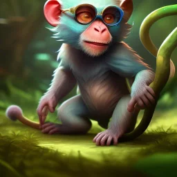 Cute monkey, league of legends, in the jungle, full detail, intricate detail, cinematic, 8 k, cel shaded, unreal engine, featured on artstation, pixiv, cartoon style