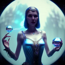 a happy woman holding a blue crystal up to the sky and screaming, steam punk, realistic, made in octane, cinematic, ultra-realistic, extremely detailed octane rendering, 8K, VRAY Super Real ar 2:3, dof photorealistic futuristic 50mm lens hard lighting dark gray tintype photograph, realistic lighting