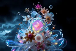 Dynamic complex hypnotic of 3D structures Symmetry twisting and morphing between cifi plants , cifi flowers and metal geometric 3d structures , smooth translucent iridescent glass with inner glow and bubbles, varied transparent materials, stormy skies, intense dramatic