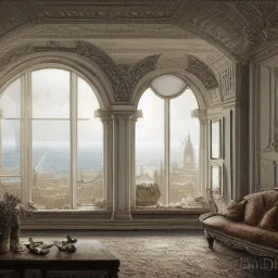 Confy Living room with a big full wall window view on mediterranean city on sea , white Beaux Arts architecture,interior design,point of perspective,by Jean Baptiste Monge, Epic cinematic, brilliant stunning, intricate, meticulously, detailed, dramatic atmospheric, maximalist digital matte painting