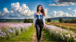 fullbody girl makeup wearing a victorian top and tight pants walking in country side ,flowers ,pretty clouds in blue sky