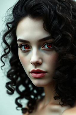 Generate a photo of a realistic female. She has dark curly hair her skin is white and her eyes is red