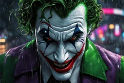 Joker in 8k realistic anime artstyle, Roger that Palestine them, neon effect, close picture, rain, fantasy world, intricate details, highly detailed, high details, detailed portrait, masterpiece,ultra detailed, ultra quality