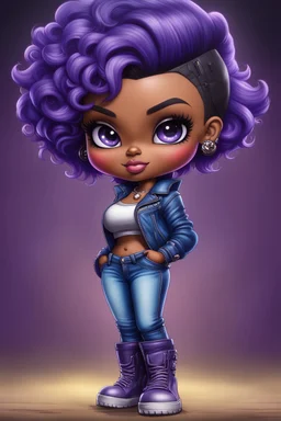 create an airbrush illustration of a chibi cartoon voluptuous black female wearing a blue jean outfit with biker boots. Prominent make up with hazel eyes. Extremely highly detail of a very low purple pixie haircut. Background of a bike show.