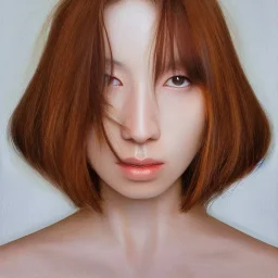  100 % modern conceptual art ,hyper realistic fine art portrait oil painting by Fumi Koike and Jen Mann and Kris Knight of a very beautiful 20 year old woman , front view centered symmetrical composed and cinematic side lighting hyper-realistic detailed shading and shadows, precise brushstrokes and subtle blended variations in skin color temperature, perfectly proportioned symmetrical facial features, hyper detailed dark eyes with dark circles, cgsociety, trending artforum, octane render