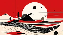 An abstract and ultra minimalist design poster by Kandinsky and Hokusai of a red, black and white desert landscape.