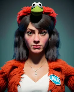 Portrait, waitress woman with monster muppet mask that covers her entire head, retro style, Sesame Street style, smooth, unreal engine 5, god lights, ray tracing, RTX, lumen lighting, ultra detail, volumetric lighting, 3d.