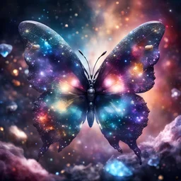 crystal butterfly made of different colorful gems, stars nebula and galaxy in background, amibent mood,16k resolution photorealistic, masterpiece, hight contrast, depth of field, breathtaking intricate details, realistic and lifelike cgi, dramatic natural lighting, reflective catchlights, high quality CGI VFX fine art