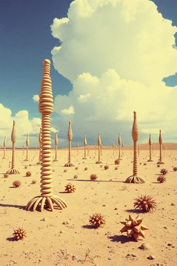 Strange spindle-shaped objects of various shapes, scattered over an arid wasteland, clouds, Max Ernst, Audubon, Amano, Walton Ford, Yves Tanguy, bright colours, polaroid, 8k, 3d, 33mm photography, well defined