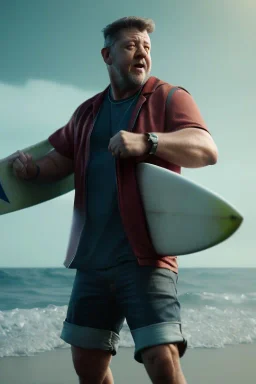 russel crowe with a surfboard, unreal 5, octane render, cinema4d, dynamic lighting, dramatic lighting, 4k, redshift render, highly detailed, hyper realistic