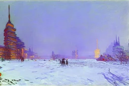 cyberpunk buildings near the frozen lake, winter, tendency to science fiction, realistic vision, konstantin korovin and claude monet painting