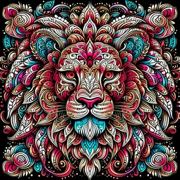 mandala style complex cute lion colorful page, vibrant color, clean black line, no break line, beautiful look, critical art, digital art, full page design, perfect composition, beautiful detailed intricate insanely detailed octane render trending on art station, photorealistic high resolution graphics, colorful and lighting, digital Art, color will be red, magenta gradient