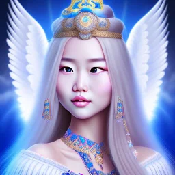 portrait of a beautiful mongolian woman with an angel face smiling,long blond hair, blue eyes, pink and blue dress, jewels, soft light aura