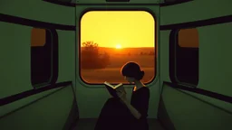 mujer sentada en un tren antiguo leyendo un libro, luz de atardecer entrando por la ventana, paisaje exterior borroso, interior en tonos verdes apagados, atmósfera introspectiva, composición minimalista, estilo realismo americano Edward Hopper
