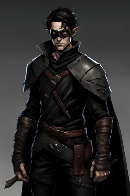 Young rogue elf male, with grey pale skin, wearing an eye patch on the left eye, bandages on his arms, wearing black leather clothes with a shoulder cape