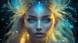 The photo is done in a bioluminescent and bioluminescent art style depicting a divine woman, Bioluminescent dewy translucent glowing skin, ethereal glowing eyes, long neck, perfect face in ultra-realistic details, flowing hair, double exposure, irises, The composition imitates a cinematic film with dazzling, gold and silver lighting effects. Intricate details, sharp focus, crystal clear skin create high detail. 3d, 64k, high resolution, high detail, computer graphics, hyperrealism, f/16, 1/300 s