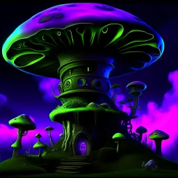 A fantabulous black, lime, and indigo (((mushroom tower house))) erected atop a (geologic pillar), surrounded by the uncanny imaginative ((( swirling skies))), offset by the stark hues of a (neon-tinged nebulous space scape), within. captured by the hand a skilled master painter with a focus on (softly blurred compositions and voluminous lighting).