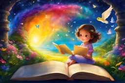 In a world full of magical and colorful delights, a little girl reads, and her mind takes flight with each turning page, lost in thought and contemplation. She imagines herself in a whimsical stage, and with every enchanting embrace of the story, she discovers her special place. Her dreams begin to unfurl with the turn of every page, carrying her away to the magical land she has created in her mind.