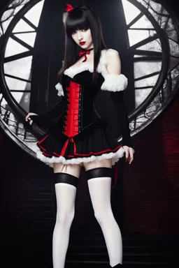 Full-body shot, of slender emo woman, standing, long straight brunette hair with bangs, fair skin, red lips, slender, short skirt, corset, white stockings. fantasy background