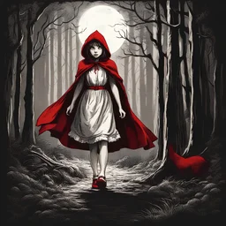 Caperucita roja caminado por el bosque de noche estilo realista