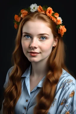 portrait of a young woman with a serene expression and delicate features. Her light brown hair is styled into a loose braid over one shoulder, and she wears a blue headband with orange floral patterns. She has clear, luminous skin and soft pale blue eyes that convey a gentle confidence. Her attire is casually elegant, with a relaxed blue denim garment. The lighting is soft and natural, enhancing the warmth and inviting quality of the portrait."