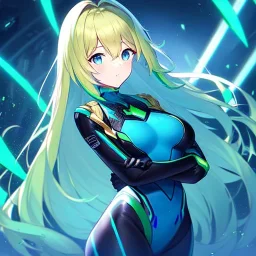 girl, masterpiece, best quality, volumetric lighting, detailed outfit, perfect eyes, lime hair, blue eyes, long hair, body suit, looking behind,