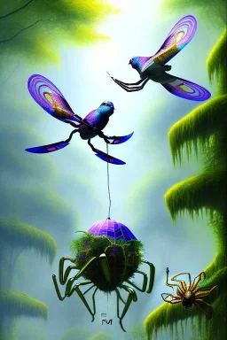 spider fight with exotic pigeon, jungle, mystical, dreamlike, Neo-Impressionism, fine detail, high quality,