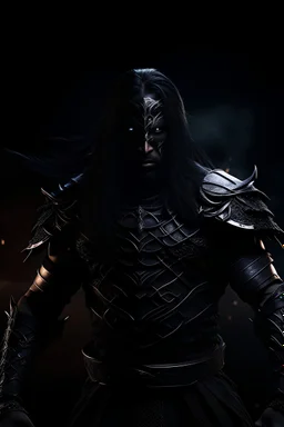 creates a highly detailed image of a black masked man with black bone armor, long black hair, panoramic view with a giant black hole, dynamic pose, fully controlled, looks strange, cinematic beauty, realistically presented in an ancient graphic style, set in darkness and evil around the world. High quality 48k black armor background.