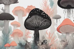 Exotic Flora, fauna, mushrooms, fungi and coral dripping black liquid in the Multiverse