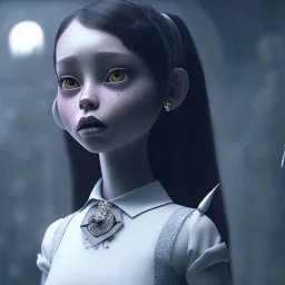 film still of jenna ortega as a gothic schoolgirl, directed by tim burton. highly detailed, volumetric lighting, unreal engine, 8k