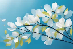 A modern illustration of a light blue background with a delicate white line of pear tree petals blossoming, their simple lines gently swaying in the summer breeze. The vibrant contrast between the soft petals and the bold blue creates a mesmerizing visual.