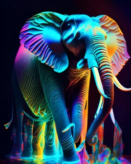 an image of an elephant surrounded by other colors, in the style of translucent resin waves, retro filters, realistic lighting, lovecraftian, paper sculptures, symmetrical, fluorescent colors