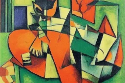 Cubist painting of a cat sitting on a green table