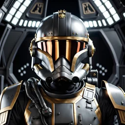 star wars bald male corellian pilot wearing dark gunmetal grey and black First Order special forces TIE pilot armored flightsuit and helmet with gold trim inside the jedi temple, centered head and shoulders portrait, hyperdetailed, dynamic lighting, hyperdetailed background, 8k resolution, volumetric lighting, light skin, fully symmetric details