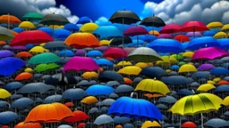 Cloudy sky. It's raining. The sky is fully filled with so many umbrellas of diverse colors.