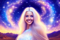 very beautiful cosmic women with white long hair, smiling, with cosmic dress and in the background there is a bautiful sky with stars and light beam