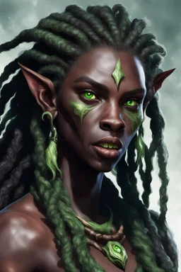 generate a dungeons and dragons character portrait of a female beast-human with black skin, dreadlocks, green piercing eyes, fangs and a thick nose