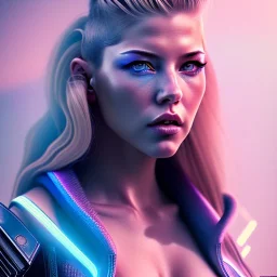 Katheryn Winnick, hyper realistic, cyberpunk style, shaved hair, latex, gradient color, BLUE, PINK, CYAN, neon, insanely detailed, 16k resolution, perfect eyes, cinematic smooth, intricate detail