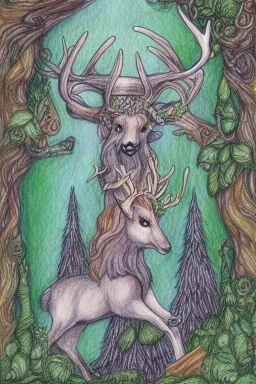 dream deer god viking druid deep forest mystic pencil color