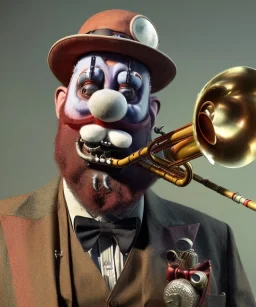 mechanoid old friendly fat clown with trimmed beard playing jazz with a steampunk theme, trumpet, realistic