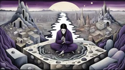 a nonbinary human figure crouched in middle of a multi-layered thick amorphous block of stone consisting of several layers, around weird whimsical landscape city in the distance, pale eyes, pale hands faint human figures, dark purple, gray, black, white, brown. Whimsical style of Chagall , of Minjae Lee and Anton Semenov, lonely with absurd broken land, neuron network background, surreal vibe