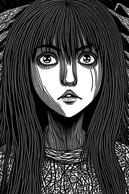 create a horror manga illustration of a dark haired, savage vampire girl with highly detailed , sharply defined feminine facial features, in a chaotic, turbulent, otherworldly London in the manga style of Junji Ito, precisely drawn, inked, with dramatic edges,