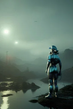 Ultra Realistic retro sci-fi scene, portrait, blonde woman, sweet young Marilyn Monroe face, perfect iris, tight latex coat, Strange planet background, Retro sci-fi style helmet. birds, fog, rain, soft color, highly detailed, unreal engine 5, ray tracing, RTX, lumen lighting, ultra detail, volumetric lighting, 3d, finely drawn, high definition, high resolution.