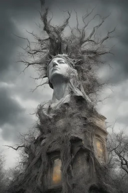 surrealis monochrome A fragmented, surreal the Statue of Liberty liguid color of photorealistic image 3d,psychedelic art of a tree glossy emerging from dreamlike a crumbling building. The tree appears pale with deep cracks and intricate details, evoking a haunting expression. Blackened tree branches intertwine with the gold mengkilat cracks, set against a backdrop of stormy, cloud-filled skies. bauhaus art The overall tone is dark and moody, suggesting themes of decay and transformation