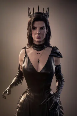 Sandra Bullock as evil queen in black leather gown, cleavage, angry, dominaneering, stern look unreal 5, octane render,cinema4d, dynamic lighting, dramatic lighting, 4k, redshift render, highly detailed, hyper realistic