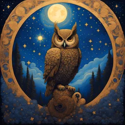 Symbol of Athena, owl symbolism, in the style of Maxfield Parrish, starry night, James R. Eads