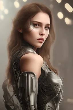 capturing woman, three point lighting, celtic, long black wavy hair, hazel eyes, bokeh in background. she is borg, resistance is futile.