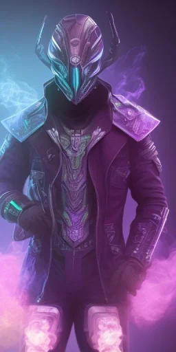 purple galaxy masked super villain, weapons in hands, teal and purple smoke, full portrait, hyper realistic, 4k