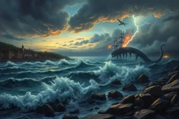 Beautiful masterful painting of a November dusk at the edge of the waterside town, waves and a sea monster in the stormy waters, lightning, tornados, meteor shower explosions