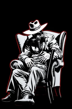 western styles man with hat (wide flat brim flat top) shading face, wearing a gas-mask, sitting forward on a wingback chair while leaning in to intimidate a man tied to a chair, vignette, black and white graphic novel style with a red outline on black background, gothic horror